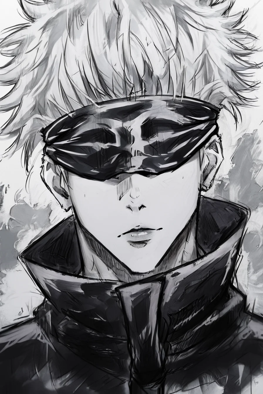 score_9, score_8_up, score_7_up, score_6_up, score_5_up, score_4_up,<lora:GojoSatoruPony:0.8> SatoruGojo, white hair, high collar, blindfold, covered eyes, black blindfold, purple jacket, pants, <lora:drawing_style_pony:0.8>, drawing_style, drawing, sketch, 1boy, looking at the viewer, solo, alone, lines drawing, monochrome, greyscale, masterpiece, highres