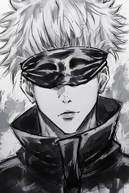 score_9, score_8_up, score_7_up, score_6_up, score_5_up, score_4_up,<lora:GojoSatoruPony:0.8> SatoruGojo, white hair, high collar, blindfold, covered eyes, black blindfold, purple jacket, pants, <lora:drawing_style_pony:0.8>, drawing_style, drawing, sketch, 1boy, looking at the viewer, solo, alone, lines drawing, monochrome, greyscale, masterpiece, highres