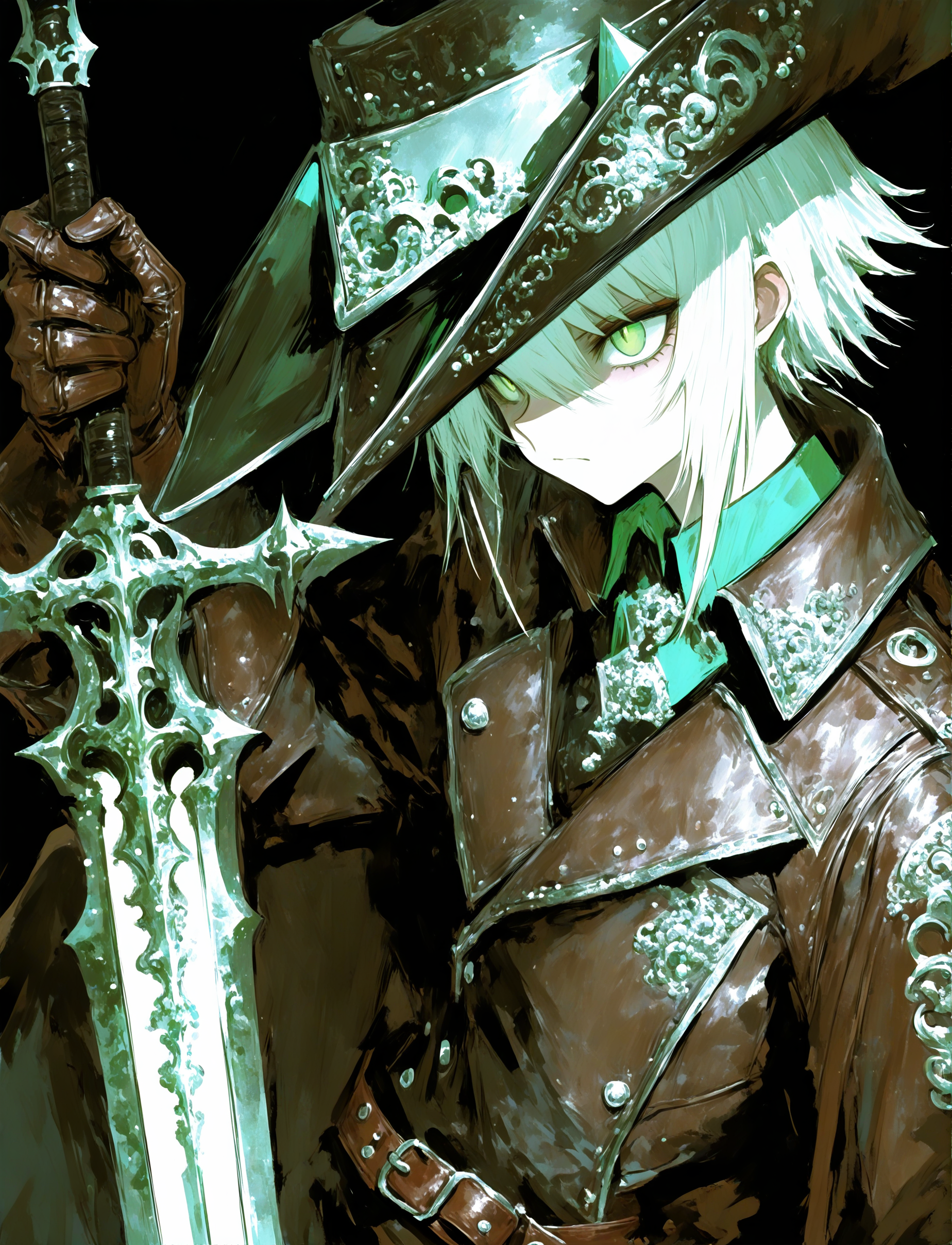 best quality,masterpiece,absurdres,newest,
<lora:USNR STYLE_XL_lokr-000085:1>,
usnr,
a digital drawing in a dark, anime-inspired style, it features a close-up of a male character with pale skin and striking green eyes, holding a large, ornate sword in his right hand, the character has long, flowing white hair that is slightly tousled, and is wearing a black, wide-brimmed hat adorned with small, silver studs, his attire is dark and detailed, with a high collar, a brown leather jacket, and a brown, high-collared shirt, the jacket is adorned with intricate, silver embroidery, and he wears a pair of brown leather gloves that extend to his elbows, the background is a solid black, which contrasts sharply with the character's dark attire, making them stand out vividly, the sword she holds glinting with a bright, white light, suggesting it is a powerful weapon, the overall mood of the drawing is intense and dramatic, with sharp lines and shading that enhance the texture and depth of the artwork