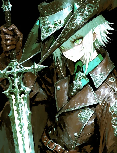 best quality,masterpiece,absurdres,newest,
<lora:USNR STYLE_XL_lokr-000085:1>,
usnr,
a digital drawing in a dark, anime-inspired style, it features a close-up of a male character with pale skin and striking green eyes, holding a large, ornate sword in his right hand, the character has long, flowing white hair that is slightly tousled, and is wearing a black, wide-brimmed hat adorned with small, silver studs, his attire is dark and detailed, with a high collar, a brown leather jacket, and a brown, high-collared shirt, the jacket is adorned with intricate, silver embroidery, and he wears a pair of brown leather gloves that extend to his elbows, the background is a solid black, which contrasts sharply with the character's dark attire, making them stand out vividly, the sword she holds glinting with a bright, white light, suggesting it is a powerful weapon, the overall mood of the drawing is intense and dramatic, with sharp lines and shading that enhance the texture and depth of the artwork