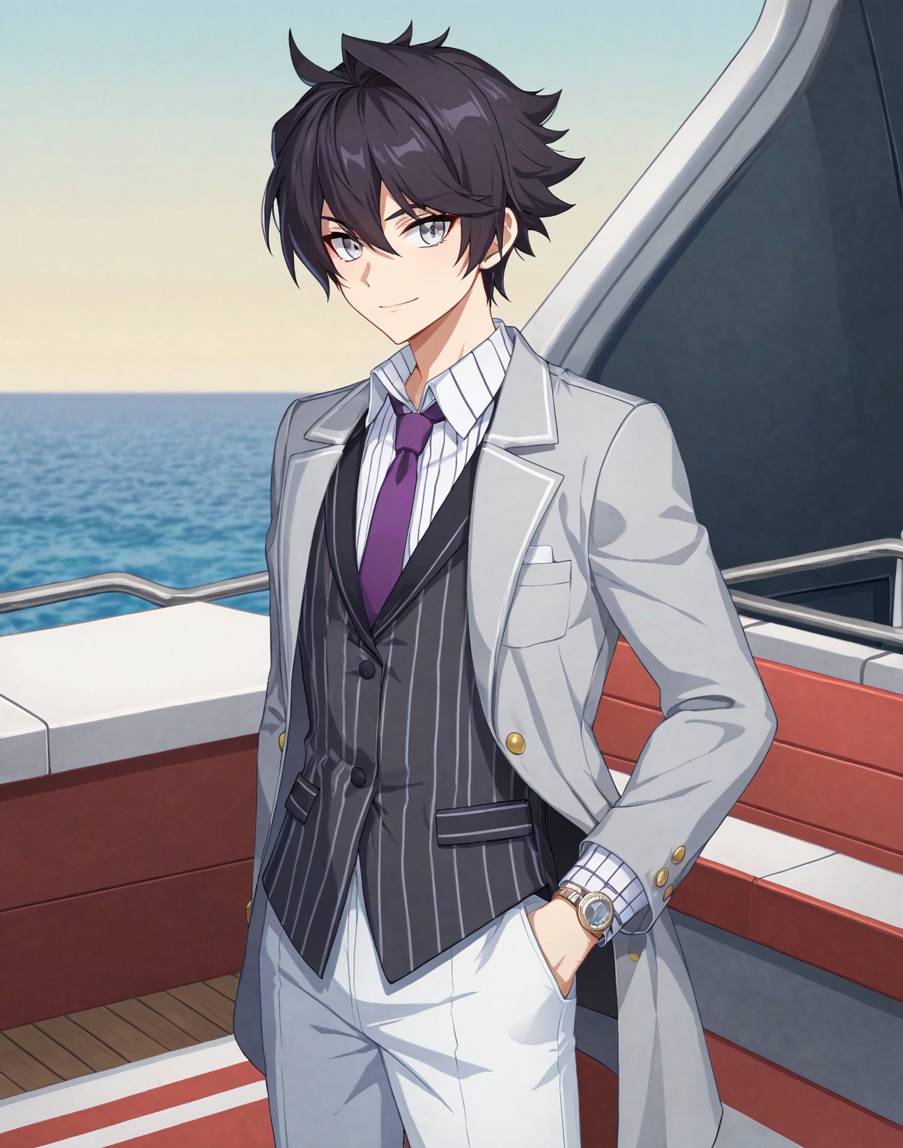 score_9, score_8_up, source_anime, original style, BREAK, rating_safe, <lora:ercnard_sieghart_pony:0.8>, straight-on, ercnard_sieghart_pony, black hair, gray eyes, short hair, hair between eyes, bangs, dress pants, collared shirt, vertical-striped shirt, purple necktie, small hat, gray hat, watch, hand in pocket, grey jacket, boat,  <lora:xl_more_art-full_v1:0.3> <lora:Lightning-8:1>