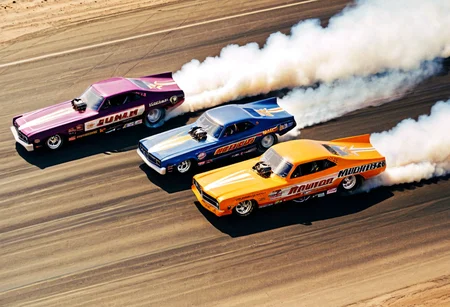 ClassicMuscleCar, ((multiple dragsters racing)), front side view, sunny, desert, smoke trail, aerial view, motion blur, 4K, highly detailed, (stylish grainy analog 35mm film photo)