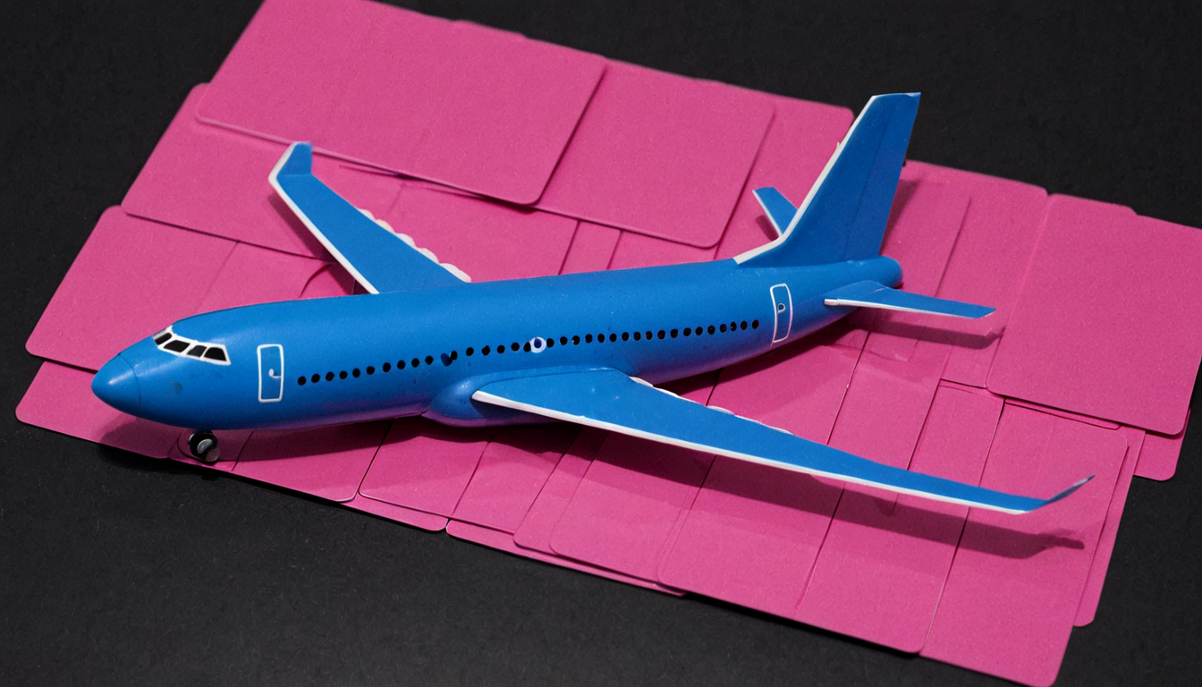 plastkort, an airplane, made from single, pink and blue colored rectangular plastic cards, <lora:Plastkort-000006:1>