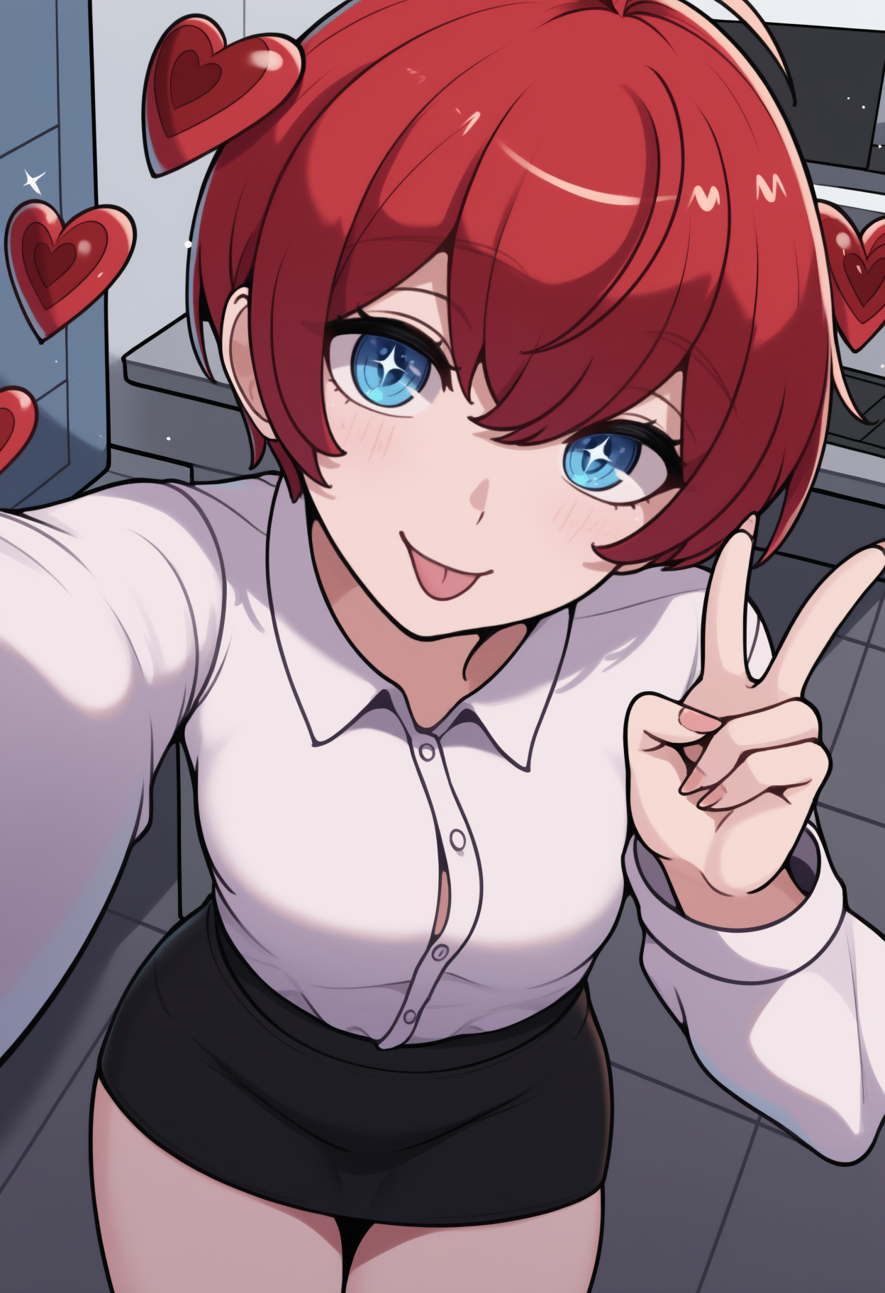 masterpiece, best quality, newest, solo, 1girl, s0ph1a, smile, :p, looking at viewer, outstretched arm, selfie, v, short hair, red hair, detached hair, heart, ahoge, twintails, blue eyes, white shirt, collared shirt, long sleeves, black skirt, pencil skirt, indoors, office, cubicle, sparkle
<segment:yolo-Anzhc Face seg 640 v3 y11n.pt,0.4,1//cid=11>