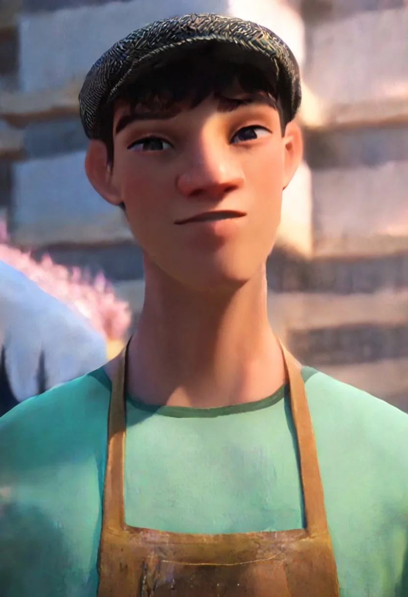 score_9, score_8_up, score_7_up, 8k, masterpiece, charturnerv2, sz4d3k, cell shaded, face focus, even skin tone, indirect lighting, detailed face, detailed eyes, detailed, male only, 1boy, solo, alone, Yukio, black hair, black eyes, newsboy cap, shirt, apron, jeans, timberland boots,