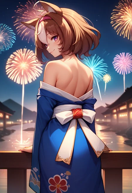 score_9, score_8_up, score_7_up, source_anime, from behind, solo, 1girl, meishodef, smile, looking back, ahoge, hairband, animal ears, blue kimono, off shoulder, white sash, bare shoulders, fireworks <lora:umamusume_meishodoto_ponyXL:1>