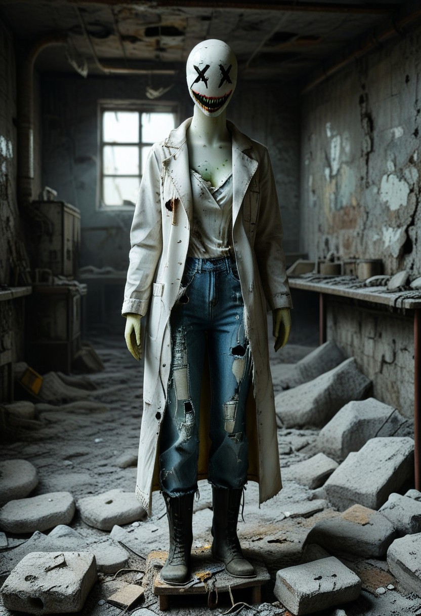 score_9, score_8_up, score_7_up, hyper details, masterpiece, high quality v3, (ultra-HD details),  dvr-lnds-sdxl
A XXDFace white faceless mannequin with x-eyes and big fanged teeth creepy smile wearing broken tattered white Lab coat, tattered blue jeans and closed-toe shoes. stands amidst the ruins of a post-apocalyptic nuclear factory. The scene is desolate, with crumbling walls, exposed pipes, and broken machinery. Radioactive green light seeps through cracks, illuminating the mannequin with an eerie glow. Thick fog and scattered debris add to the haunting atmosphere. The lighting is dim and moody, with dramatic shadows highlighting the decay. Photorealistic details emphasize the mannequin's unsettling presence in this dystopian, industrial wasteland, medium shot,