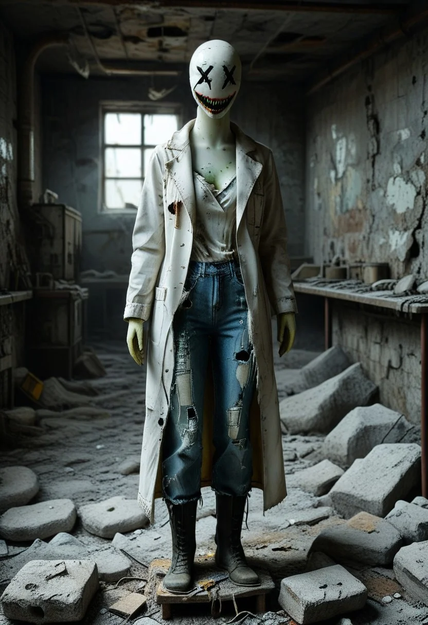 score_9, score_8_up, score_7_up, hyper details, masterpiece, high quality v3, (ultra-HD details), dvr-lnds-sdxl
A XXDFace white faceless mannequin with x-eyes and big fanged teeth creepy smile wearing broken tattered white Lab coat, tattered blue jeans and closed-toe shoes. stands amidst the ruins of a post-apocalyptic nuclear factory. The scene is desolate, with crumbling walls, exposed pipes, and broken machinery. Radioactive green light seeps through cracks, illuminating the mannequin with an eerie glow. Thick fog and scattered debris add to the haunting atmosphere. The lighting is dim and moody, with dramatic shadows highlighting the decay. Photorealistic details emphasize the mannequin's unsettling presence in this dystopian, industrial wasteland, medium shot,