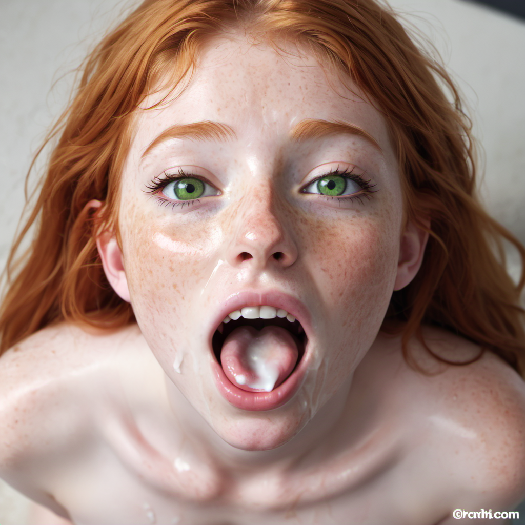 photorealistic, 20 yo hairy nude ginger woman, kneeling, mouth open, cum in mouth, cum on face, looking at viewer, freckles, green eyes