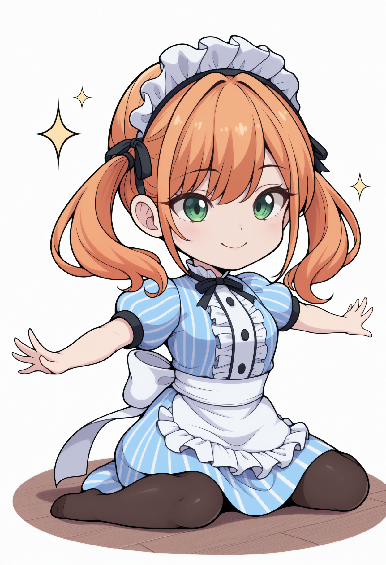 masterpiece, best quality, 1girl, solo, Tsuk1sh1maRiho, green eyes, orange hair, long hair, twintails, maid headdress, black ribbon, striped dress, blue dress, center frills, puffy short sleeves, white apron, pantyhose, lineart, sitting, on floor, smile, sparkles, spread arms, chibi, meme, thick lines, simple background, white background, <lora:ChamTsukishimaRihoNoob:1>