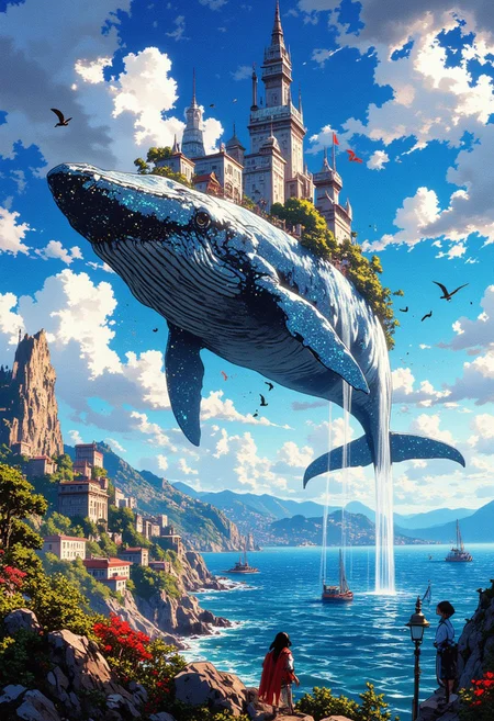 A colossal, ethereal whale drifts through the sky, carrying an entire futuristic city on its back. The whale’s sleek body shimmers with bioluminescent patterns, while waterfalls cascade from the edges of the floating metropolis. Below, a lush coastal town with overgrown buildings and vibrant greenery stretches toward the horizon, bathed in warm sunlight. The sky is a brilliant blue, scattered with fluffy clouds and flocks of birds soaring alongside the massive creature. The scene blends elements of fantasy and futuristic architecture, evoking a sense of wonder and serenity.
