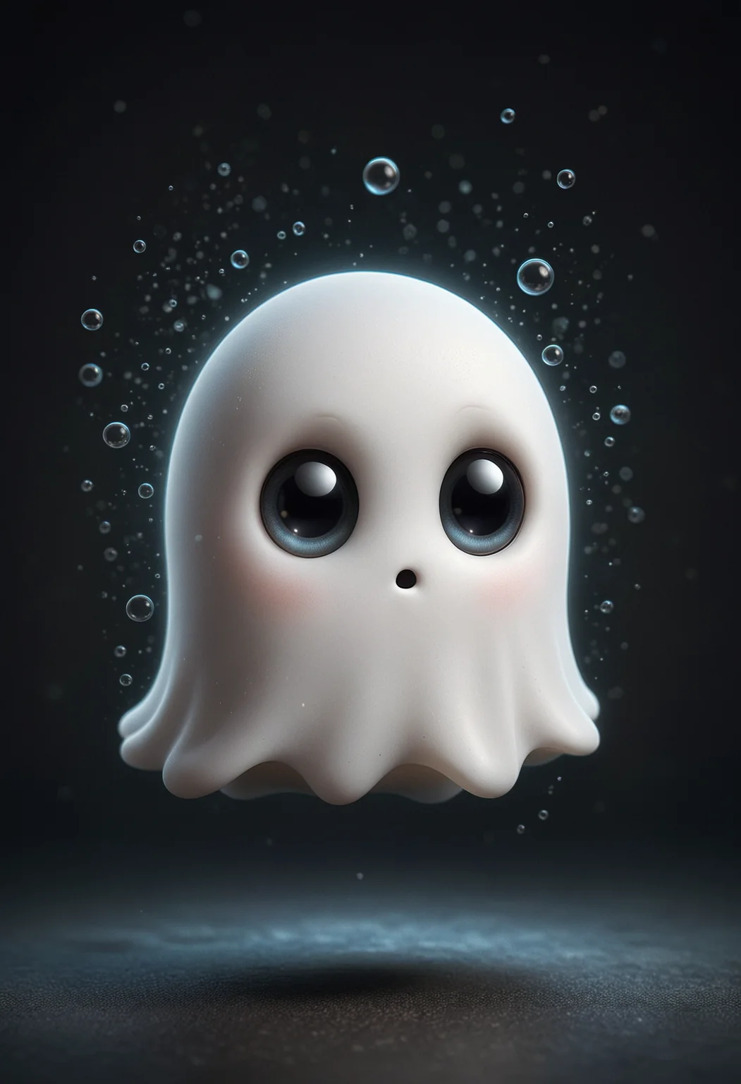 cute and scared cartoon ghost with big expressive eyes and a shy blushing face, the ghost has a round smooth body with subtle wavy edges at the bottom, soft and friendly appearance, floats against a simple dark background, tiny bubbles floating around it, whimsical and endearing charm, atmosphere is playful and heartwarming, capturing the ghost's innocent and timid nature, <lora:CinematicStyle_v1:1>, <lora:add-detail-xl:1>, <lora:zhibi:0.5>