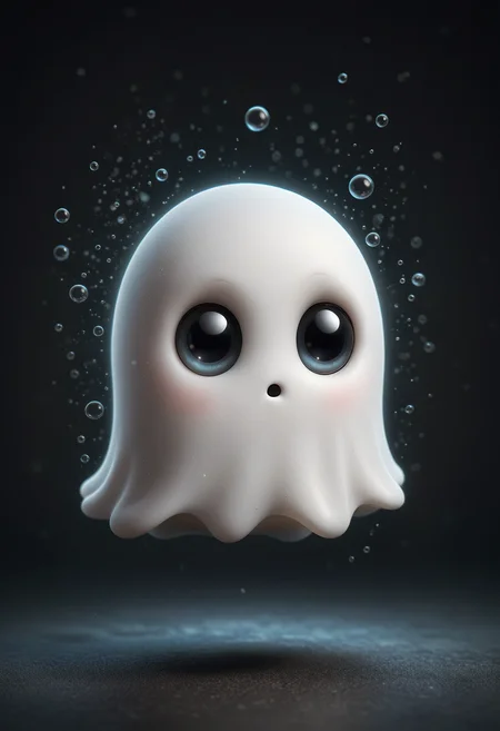 cute and scared cartoon ghost with big expressive eyes and a shy blushing face, the ghost has a round smooth body with subtle wavy edges at the bottom, soft and friendly appearance, floats against a simple dark background, tiny bubbles floating around it, whimsical and endearing charm, atmosphere is playful and heartwarming, capturing the ghost's innocent and timid nature, <lora:CinematicStyle_v1:1>, <lora:add-detail-xl:1>, <lora:zhibi:0.5>