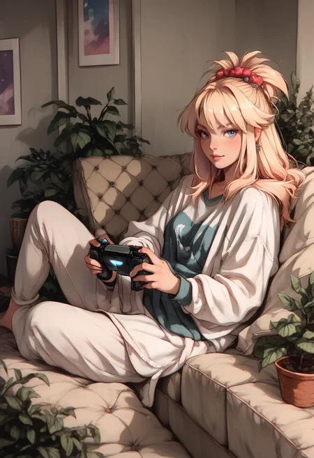 rating_safe, 1girl, solo, kigurumi, sitting on sofa and playing videogame, blond, <lora:HaleighCoxPonyV1_cons-000004:1> <lora:OldAnimeStyle_XL_v3:0.85>, score_9, score_8_up, score_7_up,