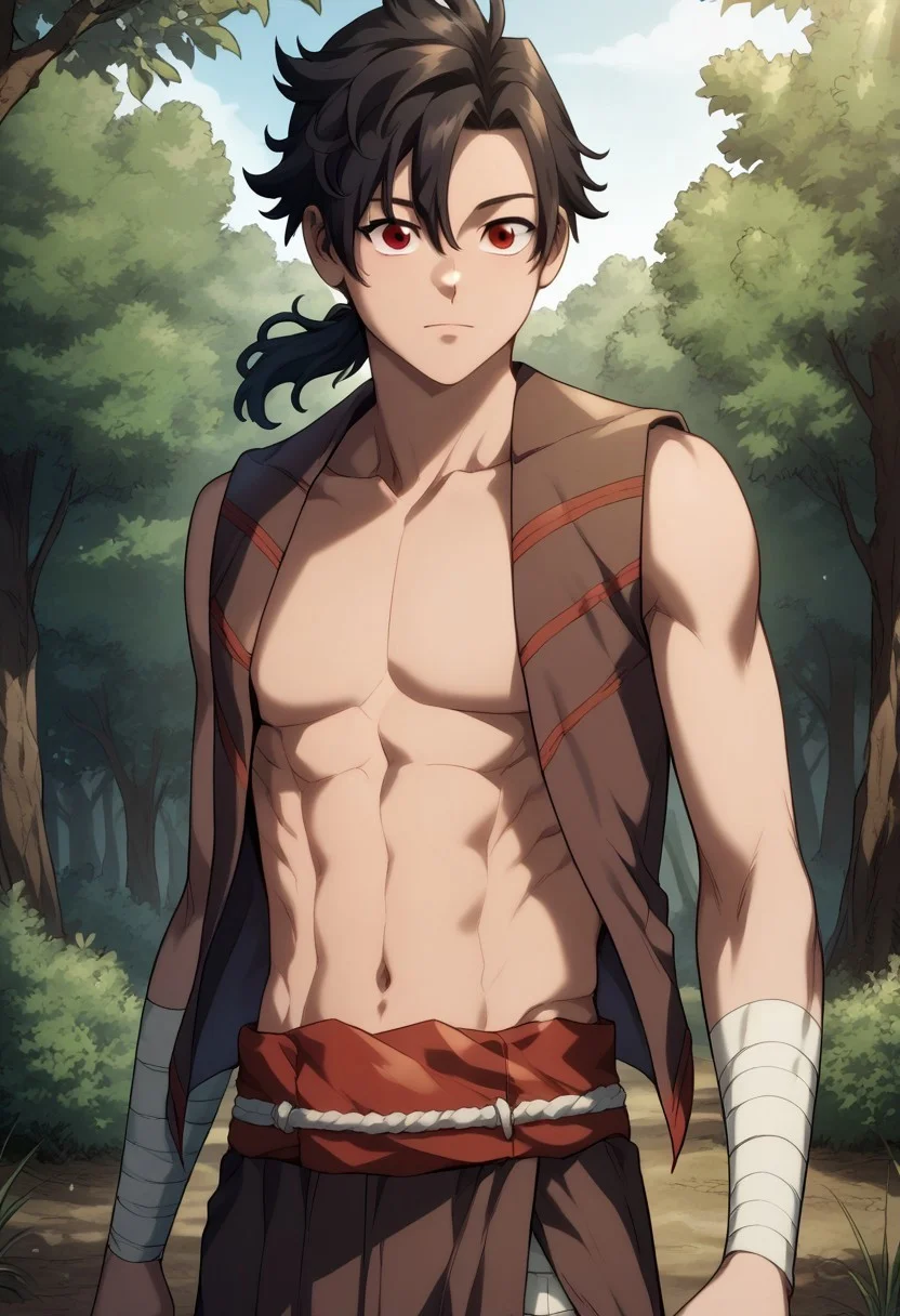 score_9, score_8_up, score_7_up, source_anime, highly detailed,
vikir, 1boy, male focus, solo, black hair, ponytail, long hair, hair between eyes, red eyes, abs, pectorals, vest, open vest, open clothes, brown vest, kilt, brown kilt, belt, rope belt, bandages, bandaged legs, bandaged arms,
outdoor, forest