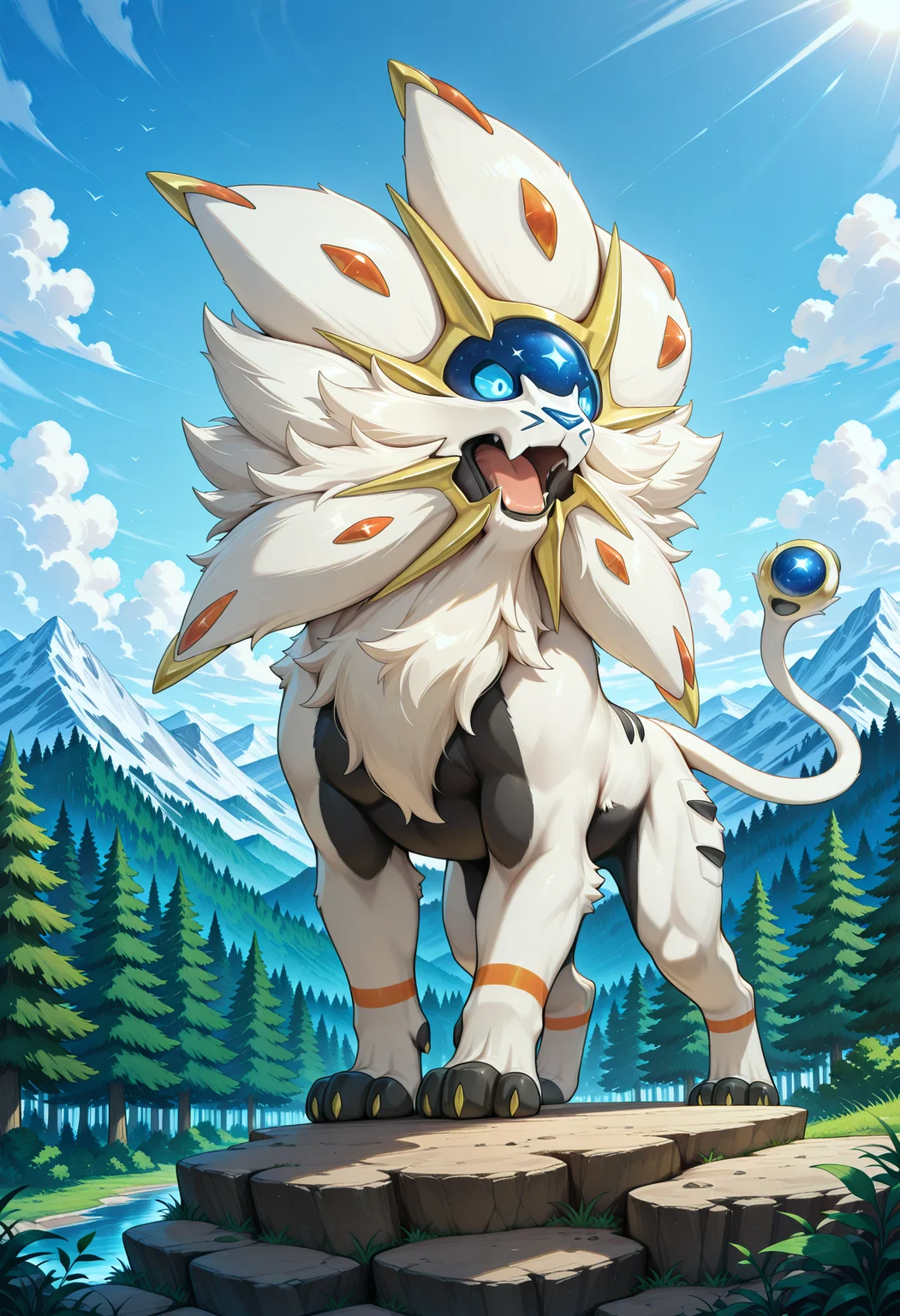 dynamic, solo, male focus, outdoors, mountains, forest, scenery, solgaleo, pokemon \(creature\), (feral), roar, <lora:Solgaleo_Pokemon_V1_ILXL:1> <lora:illustriousXL_stabilizer_v1.23:0.8>, perfect anatomy, masterpiece, perfect quality, best quality, detailed, newest, very aesthetic