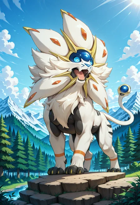 dynamic, solo, male focus, outdoors, mountains, forest, scenery, solgaleo, pokemon \(creature\), (feral), roar, <lora:Solgaleo_Pokemon_V1_ILXL:1> <lora:illustriousXL_stabilizer_v1.23:0.8>, perfect anatomy, masterpiece, perfect quality, best quality, detailed, newest, very aesthetic
