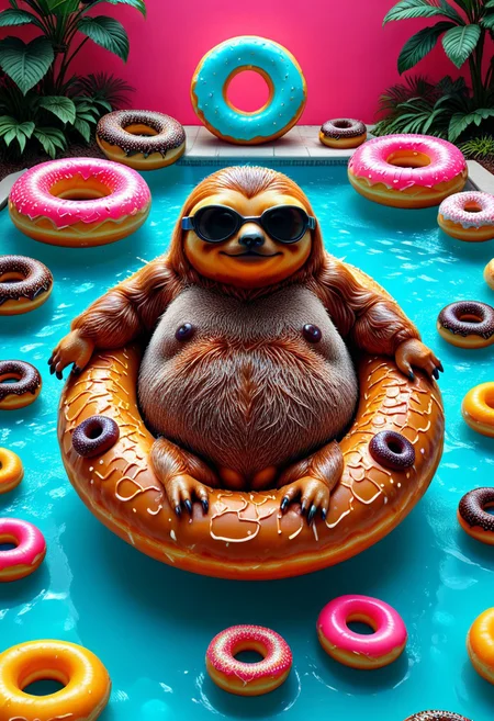 d0nu71f13d, An epic photo of a sloth wearing sunglasses, relaxing in a doughnut-shaped inflatable made of doughnuts, in a swimming pool, neon color, cyberpunk, masterpiece, best quality, highly detailed, sharp focus, dynamic lighting, flux-style, mobe-cybideen