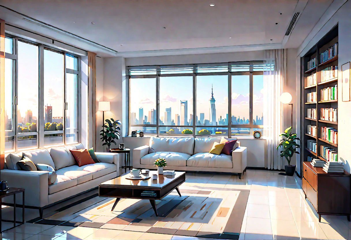 ((front view)), Shallow scene, ((animation style)), modern-style interior, with white walls, (large windows), a  study, Sofa, coffee table, bookcase, single wall, 
warm light morning sun, ((City high-rise building scenery)), (clear sky)
