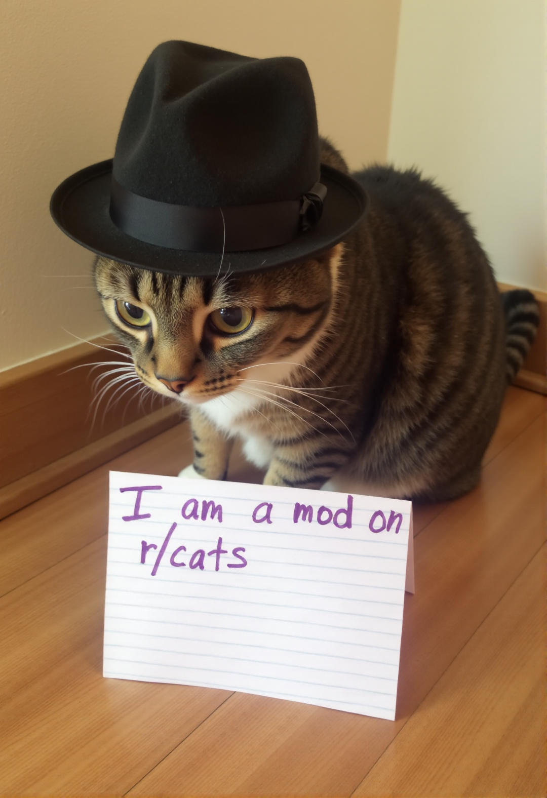 sh4m3, a high-resolution photo of a cat with a lined notecard in front of it that says in handwritten text: "I am a mod on r/cats" <lora:Meme_soph-CatShame-FLUX:1> The cat is wearing a fedora