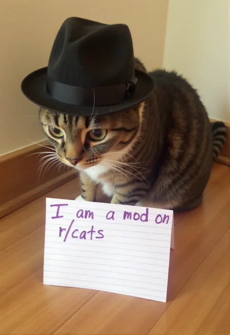 sh4m3, a high-resolution photo of a cat with a lined notecard in front of it that says in handwritten text: "I am a mod on r/cats" <lora:Meme_soph-CatShame-FLUX:1> The cat is wearing a fedora