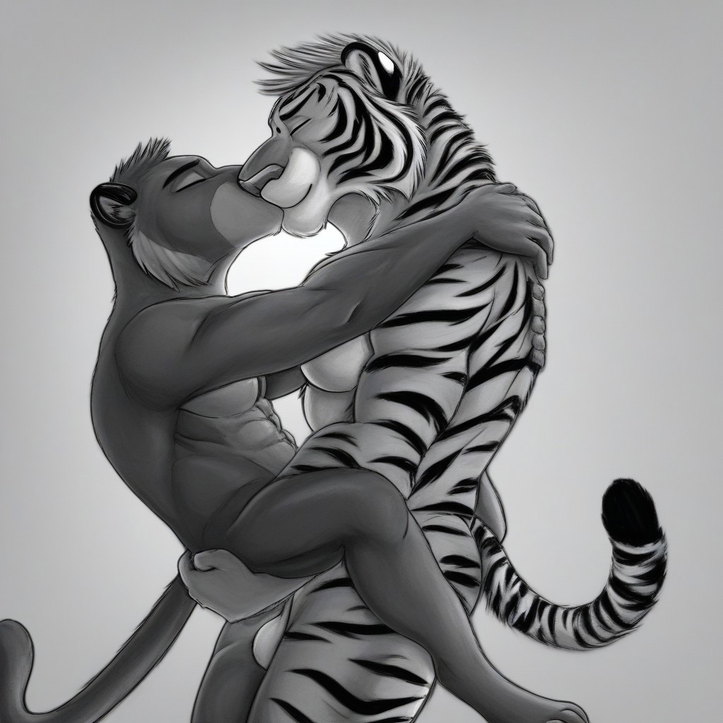 2males, anthro, 1 panther, 1 tiger, kissing, carrying lover, sunset