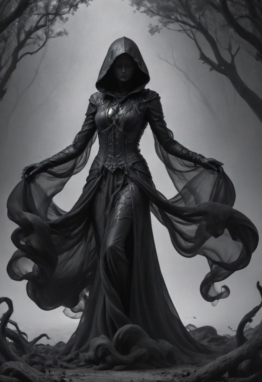 Completely black screen, absolutely nothing, pure black, detailed, but the Pythia rises from the shadows, her form cloaked in tattered rags of ashen gray, each thread whispering tales of forgotten sorrow, FastNegativeV2, gloom
