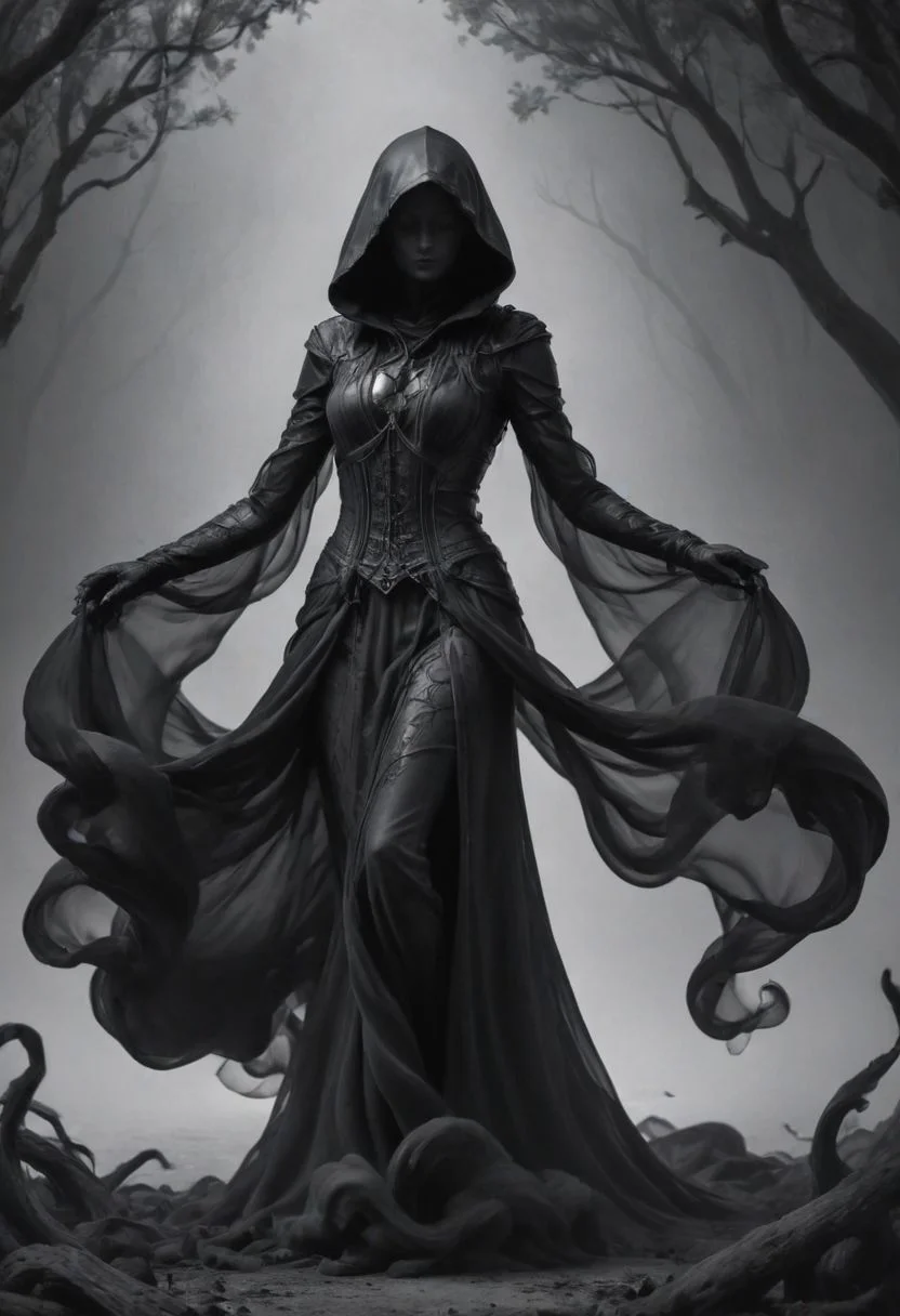 Completely black screen, absolutely nothing, pure black, detailed, but the Pythia rises from the shadows, her form cloaked in tattered rags of ashen gray, each thread whispering tales of forgotten sorrow, FastNegativeV2, gloom