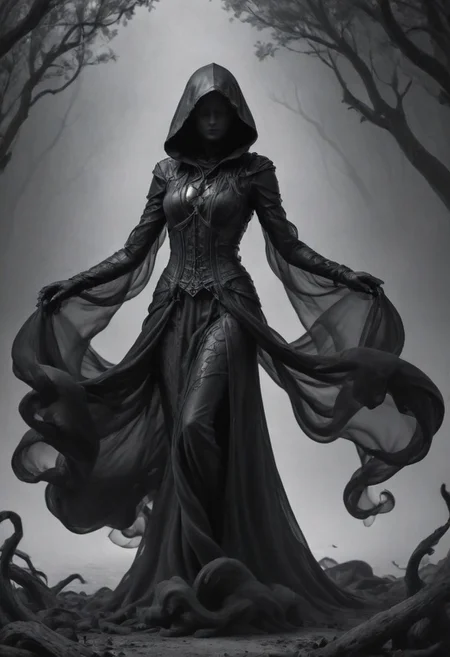 Completely black screen, absolutely nothing, pure black, detailed, but the Pythia rises from the shadows, her form cloaked in tattered rags of ashen gray, each thread whispering tales of forgotten sorrow, FastNegativeV2, gloom