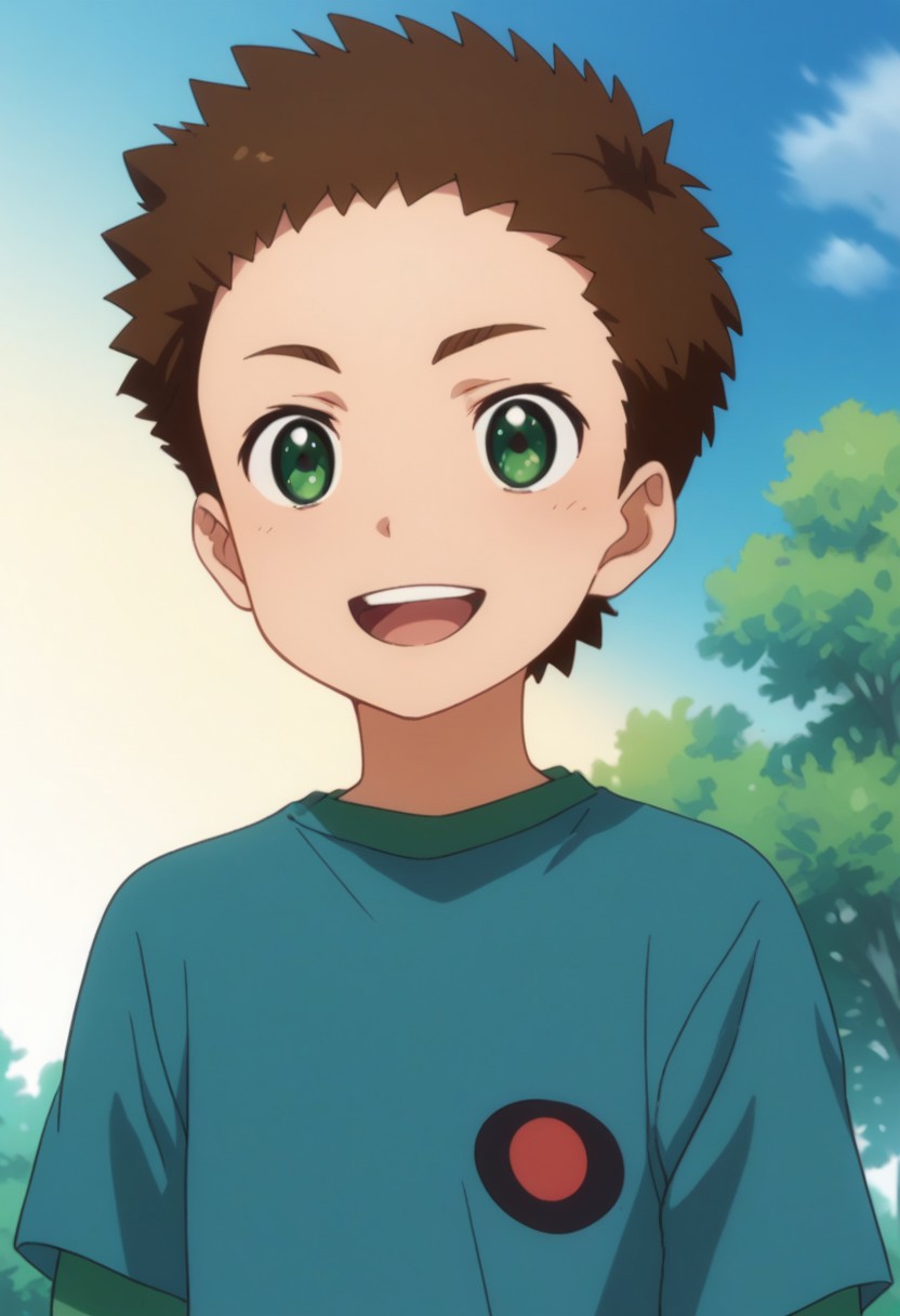 score_9, score_8_up, score_7_up, source_anime, highly detailed, 
shou, 1boy, male focus, brown hair, solo, green eyes, shirt, upper body, long over short sleeves, blue shirt,
green shirt, smile, open mouth
outdoor, sky, tree