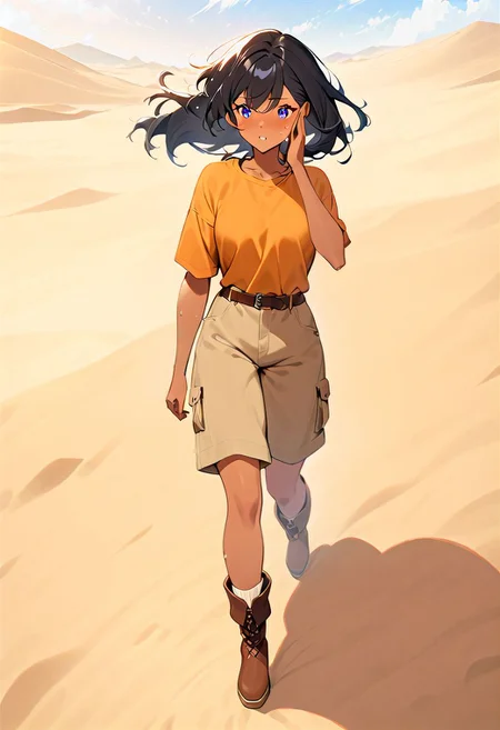 <lora:more_details:1>, drawn by master artist, tan skin, beautiful detailed skin, beautiful eyes, best quality, high quality, vivid colors, everything in sharp focus, very long black hair styled straight, dark blue eyes, full body, 
Protecting eyes with hand, outdoors, loose orange cotton tshirt, (brown shorts), orange and white baseball cap, brown belt,  brown boots, sweat,  dolly shot, medium breasts, sandy desert, large sand dunes, lens flare, , raging sandstorm, hair blowing in wind, sand blowing in wind, struggling to walk through sand storm