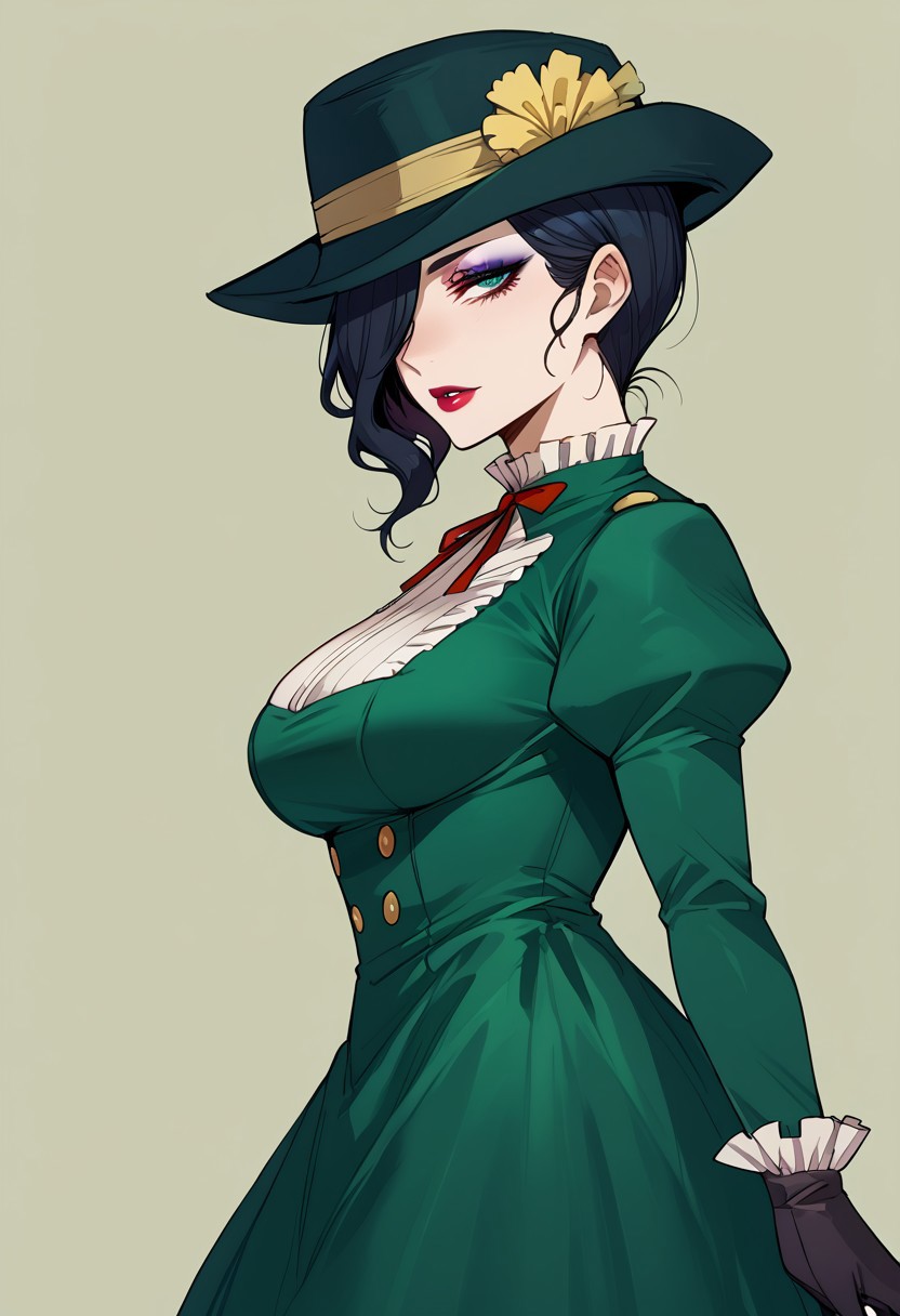 score_9,score_8_up,score_7_up, 1girl, large breast, mayonesh, hat, black hair, medium hair, hair over one eye, makeup, lipstick, green dress, puffy sleeves, black gloves, thigh gap, thighs, anime, looking at viewer, Long Skirt, thin lips, side view,