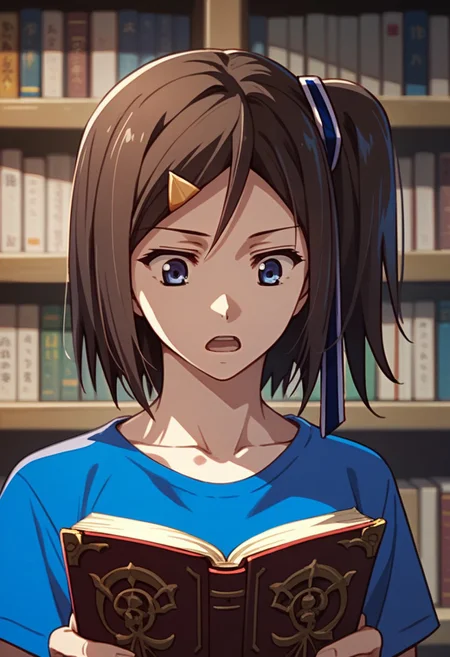 score_9,score_8_up,score_7_up,source_anime, Hatsuna Wakabayashi,1girl,solo,open mouth,bangs,shirt,holding,collarbone,upper body,short sleeves,book,one side up,blue shirt,t-shirt,reading,