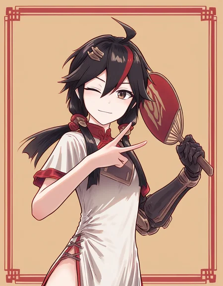 bullfalk,(china dress:1.2),simple background,wink,hand fan,holding fan,sidelocks,
<lora:changan_noob:0.6>,huanxing-changan,1girl,solo,black hair,multicolored hair,red hair,brown eyes,hair between eyes,bangs,ahoge,hair ornament,single mechanical arm,(ponytail:1.2),
masterpiece,best quality,very aesthetic,absurdres,