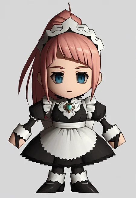 score_9, score_8_up, score_7_up, source_anime BREAK 1girl, solo,
<lora:zs_FFVIIChibisXL_1:1.1> ffviichibis, chibi, standing, full body, white background
<lora:felicia-fe-richy-v1_xl:1> feliciadef, pink hair, ponytail, blue eyes, maid headdress, brooch, maid apron, black thighhighs, bridal gauntlets,
