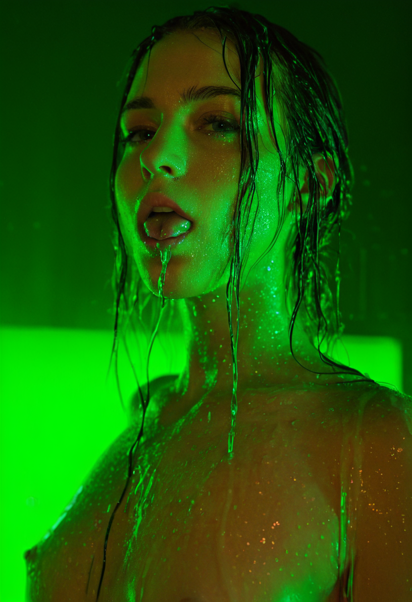 1girl, neon green lighting licking down her neck, wet hair, sultry eyes, half-nude body under soft fabric, Canon 50mm, glowing beads of sweat, skin detail, sensual lighting play, moody tone, (neon green:1.3)