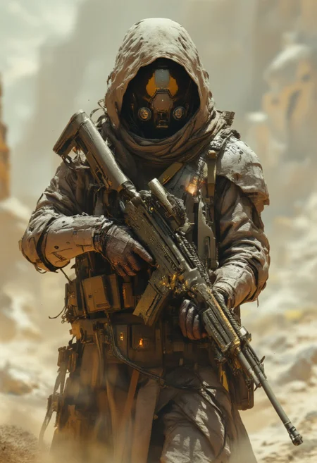 A digital painting in the style of ck-js,, OBtaozhuang, post-apocalyptic hunter-scavenger wearing mirrored faceplate, gas mask, dusty grey armour, holding assault rifle with both hands, in a barren dusty landscape, directional lighting
