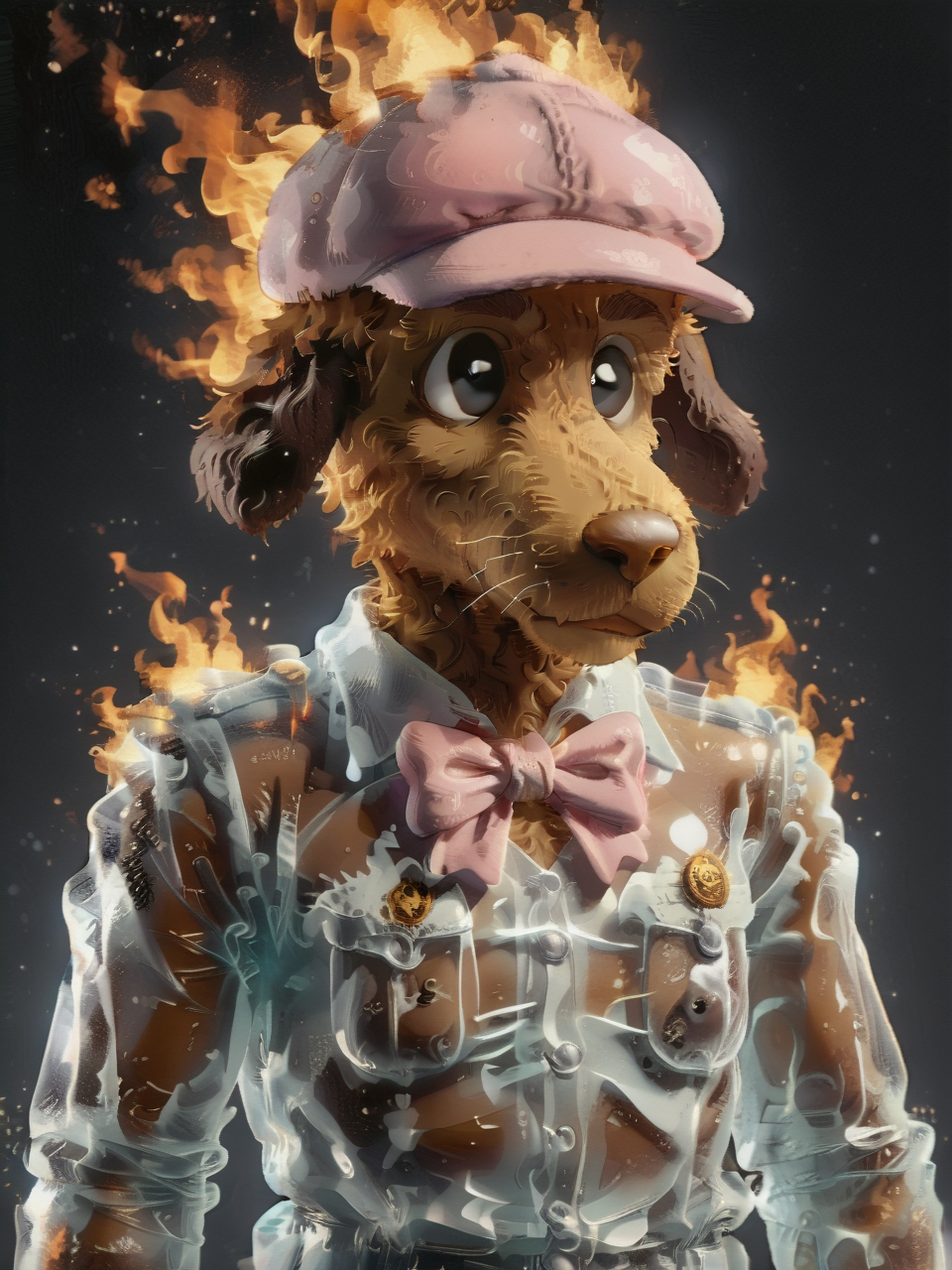 f1r3,1c3_w1n73r,Smiley, furry male, male focus, furry,1boy, solo,ice uniform,fire hat,pink hat,fire bowtie,fire bow,portrait,black eyes,<lora:Todd and Smiley:1.0>,<lora:fire:0.6>,<lora:ice:0.6>