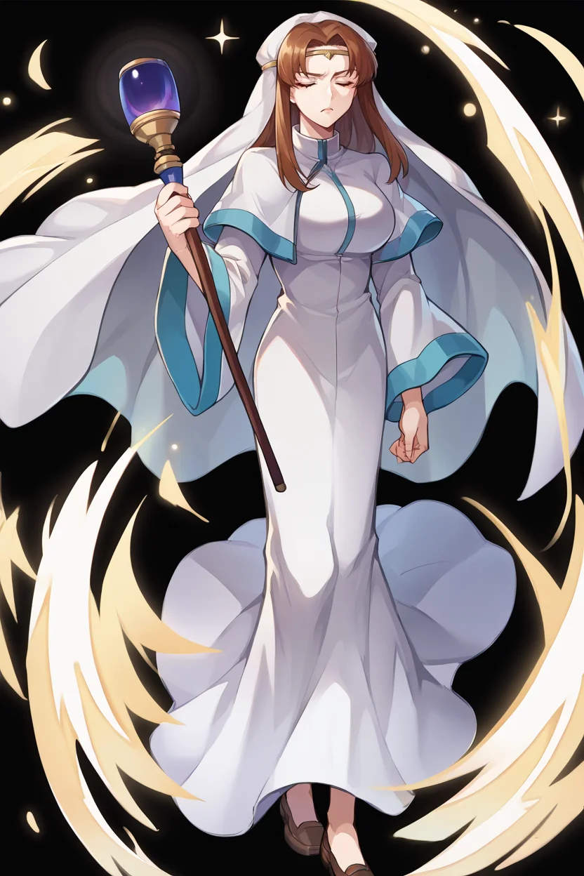 score_9, score_8_up, score_7_up, score_6_up, source_anime, BREAK 1girl, <lora:feelen-pdxl-nvwls-v1-000005:1> elen, brown hair, veil, circlet, white dress, capelet, large breasts <lora:feh-style-richy-v1_pdxl:1> fehspc, full body, standing, black background, holding staff, casting white magic, serious, closed eyes