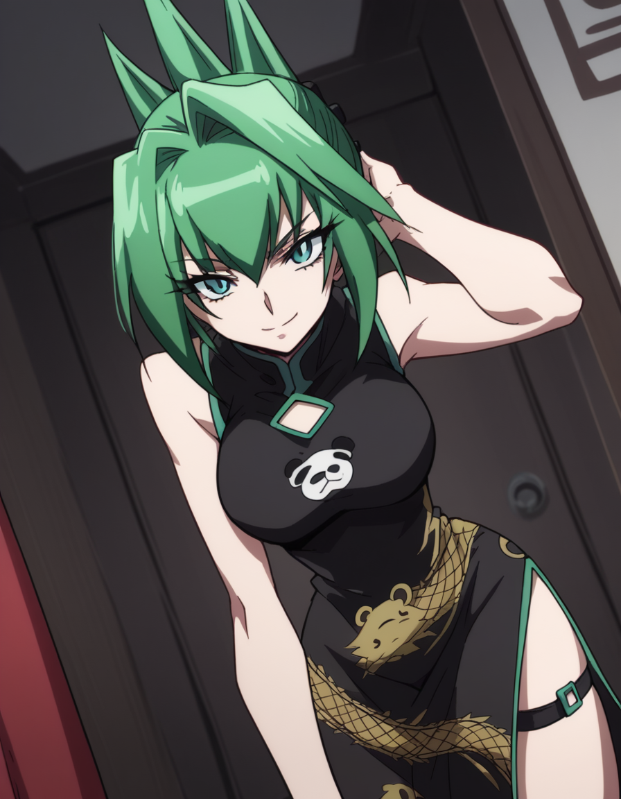 score_9, score_8_up, score_7_up, source_anime,
juntao, <lora:jun-tao-2021-s1-ponyxl-lora-nochekaiser:1>,
jun tao, green eyes, green hair, hair between eyes,
animal print, bear print, black dress, china dress, chinese clothes, dress, air, hip vent, panda print, side slit, sleeveless, sleeveless dress, thigh strap,
indoors, bent over, smile,
looking at viewer, cowboy shot, solo, dutch angle