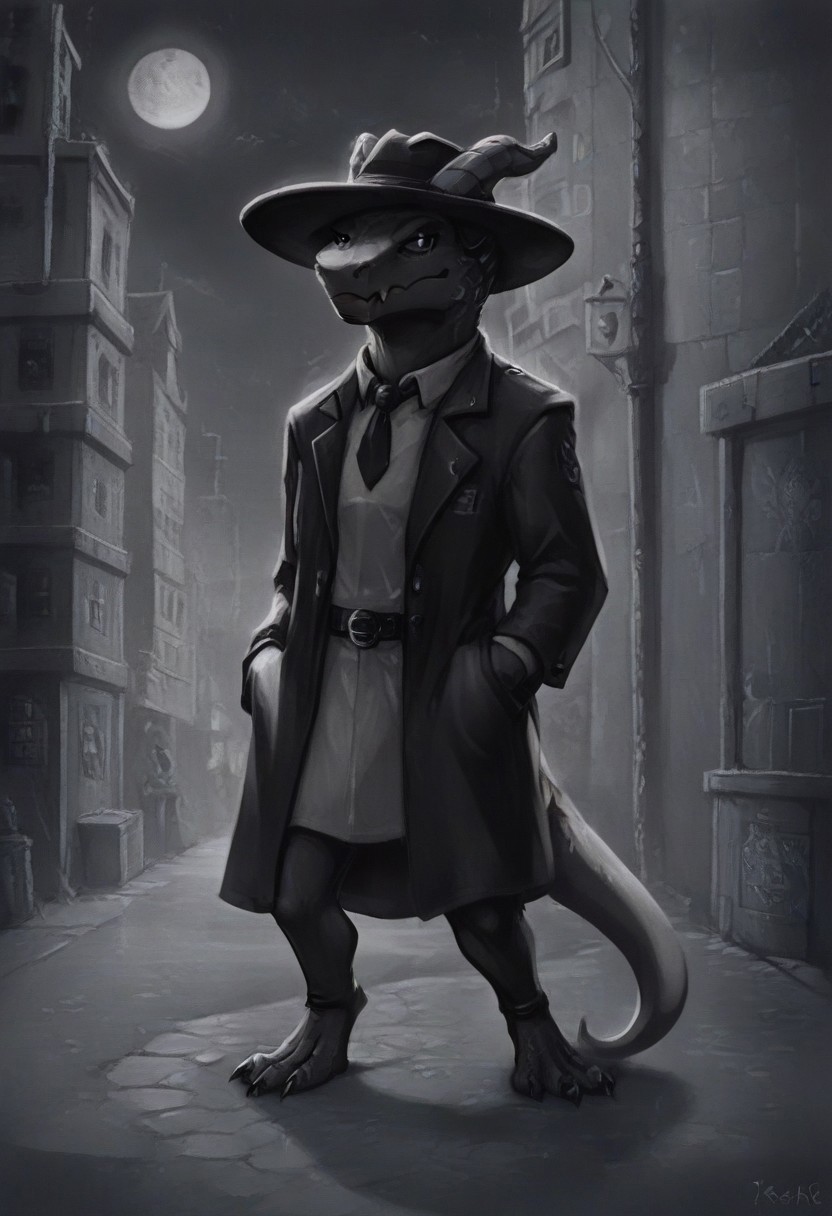 score_9, score_8_up, score_7_up, zPDXL3, realistic, rating_safe, kobold in a trenchcoat, wearing a fedora, cigarette, pathfinder kobold, k0bold, tail, short stature, suspicious, sneaky, mysterious, (dark, noir, fog, night, high contrast, shadow:1.3), hands in pockets, full moon, black and white, limited palette, night, full body, (detailed background, alley, fantasy city:1.1), traditional media, crisp outlines