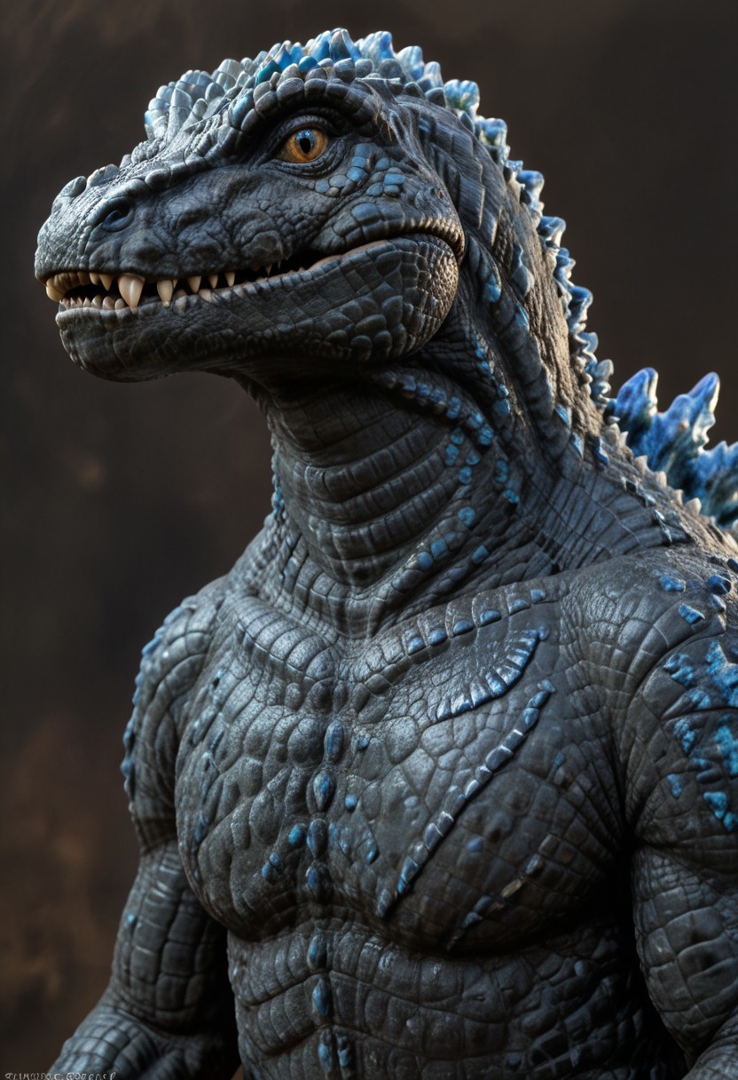 score_9, score_8_up, score_7_up, solo, 1man, giant dinosaur Godzilla, close up, sharp teeth, spines, blue spines, feral, realistic scales, detailed scale texture, black Crocodile skin, solo,furry male, solo, plantigrade, upper body, solo, cinematic setting, extremely detailed, Macro detailed realism style photograph, 3DMM, full body, salamander monster,