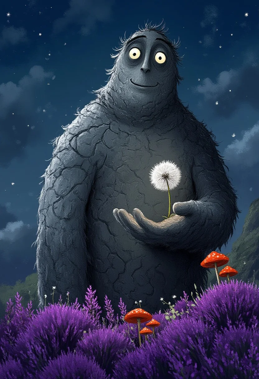 A whimsical illustration of a towering stone giant with cracked rocky skin in dark whimsical art style, gently holding a single glowing dandelion in his massive hand, among purple lavender and luminous mushrooms, digital painting with rough brushstrokes showing textured stone and delicate flower, twilight mountain background, characteristic Tim Burton inspired design with deep crystal eyes gazing at tiny bright flower