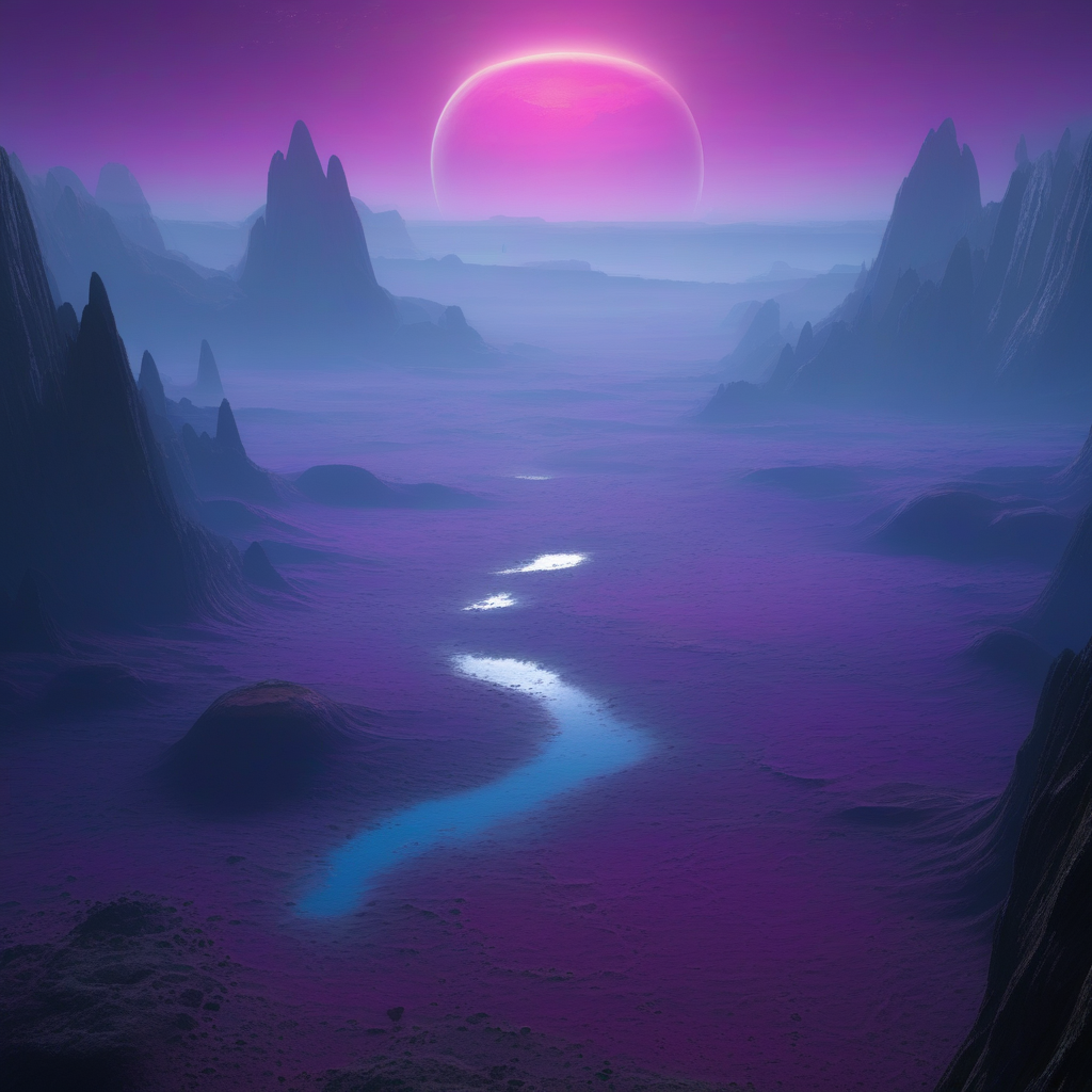 Generate a hyper-realistic valley on a planet from another universe, with deep canyons carved by ancient rivers. The sky is filled with distant planets, each glowing with different shades of blue and purple. Overhead, massive rings of a nearby planet cast a shadow on the land below. A purple-pink sunset illuminates the rocky landscape, with sharp cliffs and floating islands, while mist rises from the valley floor, creating a mysterious and awe-inspiring view of this alien world.