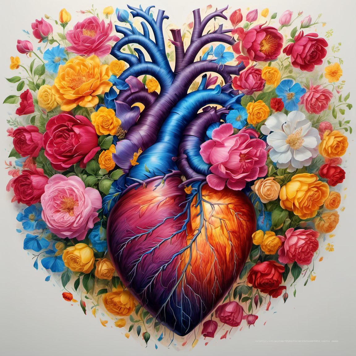flowerart, white background,flower,petals,rose,leaf,white flower,red flower,pink flower,blue flower,yellow flower,orange flower,human heart<lora:flower_art:1>, intricate, elegant, highly detailed, digital painting, artstation, concept art, smooth, sharp focus, illustration, art by wlop, charlie bowater and alexandra fomina