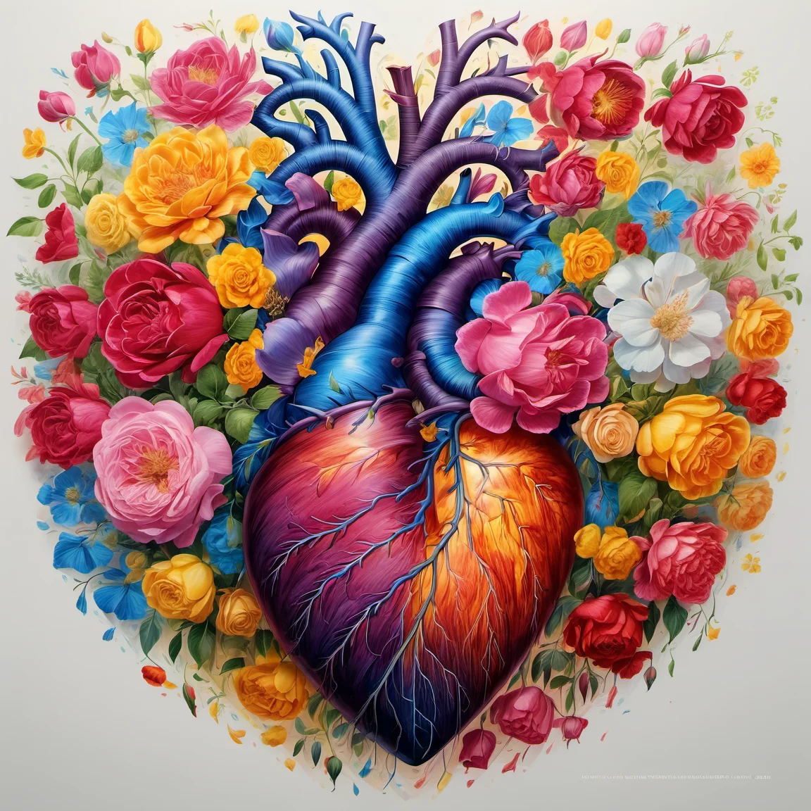 flowerart, white background,flower,petals,rose,leaf,white flower,red flower,pink flower,blue flower,yellow flower,orange flower,human heart<lora:flower_art:1>, intricate, elegant, highly detailed, digital painting, artstation, concept art, smooth, sharp focus, illustration, art by wlop, charlie bowater and alexandra fomina