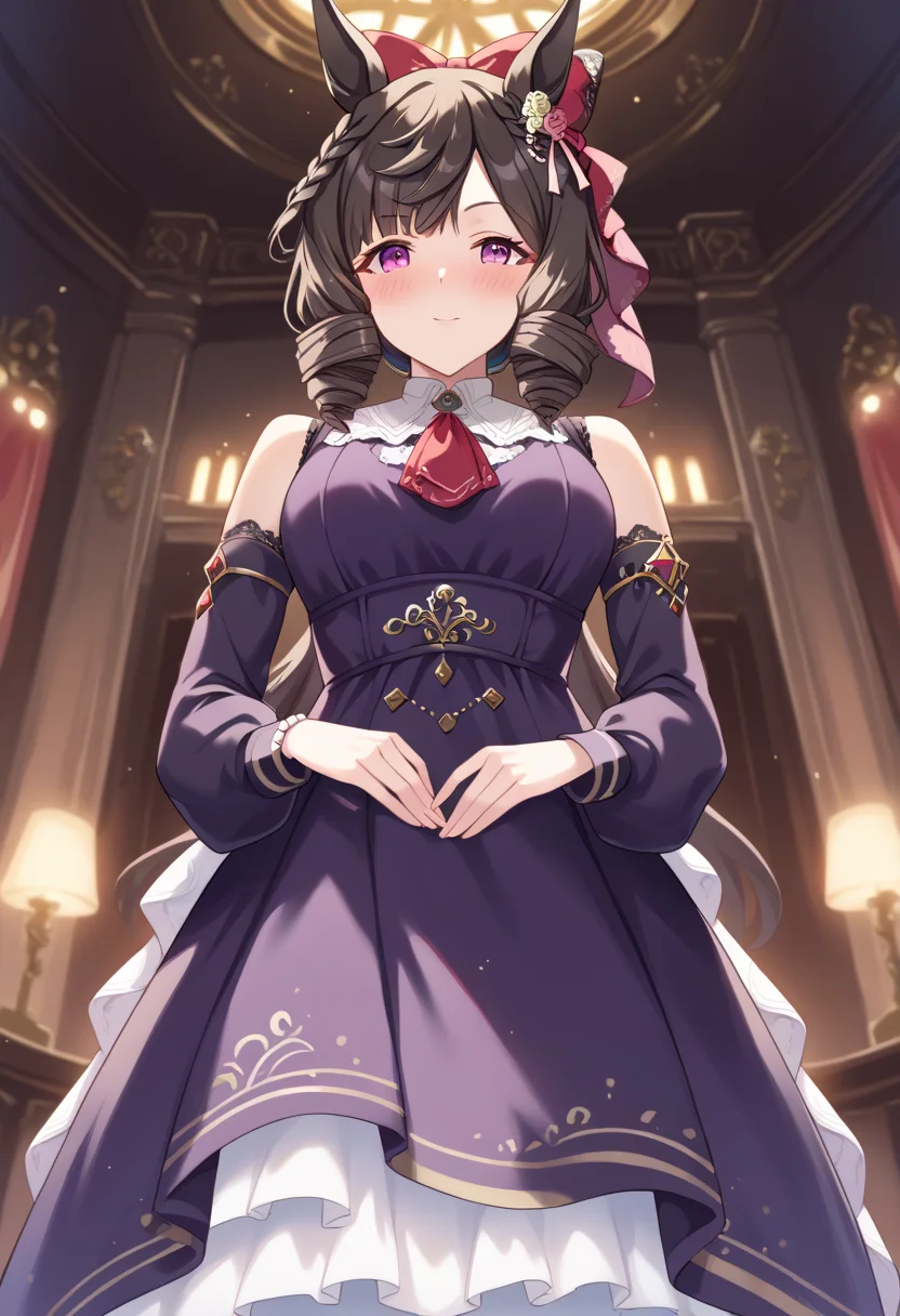 score_9, score_8_up, score_7_up, best quality, masterpiece, source_anime, zPDXL3, BREAK, <lora:daiichi_ruby_umamusume:1> ,daiichi_ruby_(umamusume), daiichi_ruby_(flowing_blue)_(umamusume), from below, Pretending to hold a large umbrella, drunk, nose blush, bubbles,, throne room, fancy interior, tiles,,