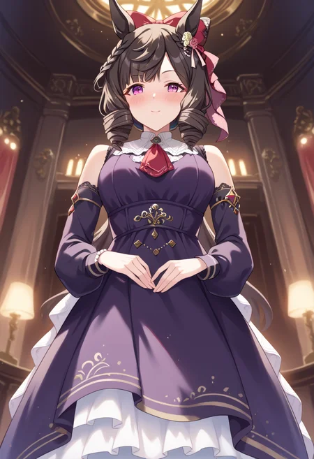 score_9, score_8_up, score_7_up, best quality, masterpiece, source_anime, zPDXL3, BREAK, <lora:daiichi_ruby_umamusume:1> ,daiichi_ruby_(umamusume), daiichi_ruby_(flowing_blue)_(umamusume), from below, Pretending to hold a large umbrella, drunk, nose blush, bubbles,, throne room, fancy interior, tiles,,
