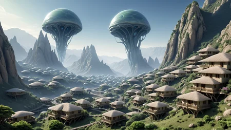 <lora:artfullyENVIRON_SDXL_V1:1>, alien planet, biome, environment setting, mountainside village