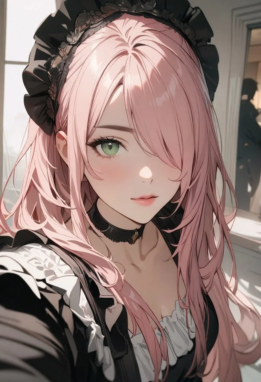 1woman, solo, long hair, pink hair, black choker, green eyes, one eye covered by hair, eyeliner, gorgeous lips, selfie,
y_d,
cinematic, (masterpiece), (best quality), (ultra-detailed), very aesthetic, illustration, perfect composition, intricate details, absurdres
black maid dress